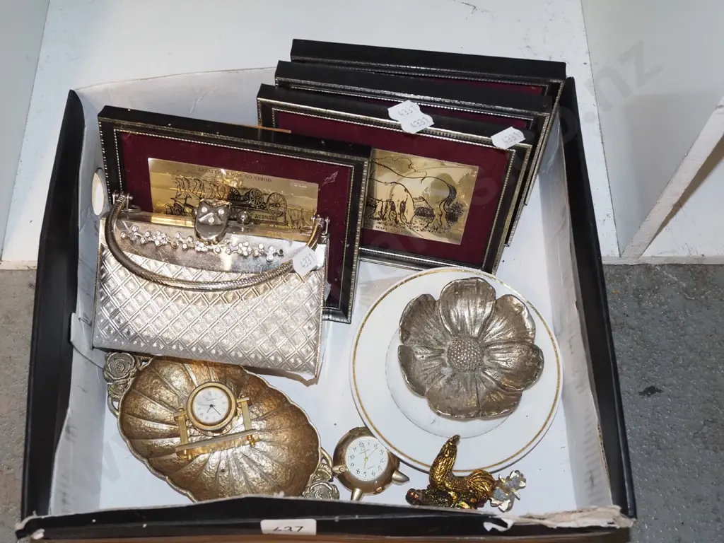 box; etched brass pictures, dishes, miniature mantle clocks etc Image 1++