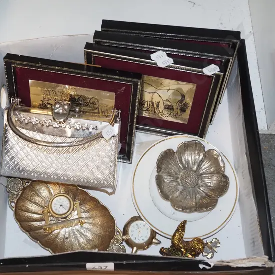 box; etched brass pictures, dishes, miniature mantle clocks etc