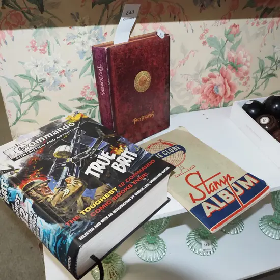 commando books, stamp album, lord of the rings DVDs