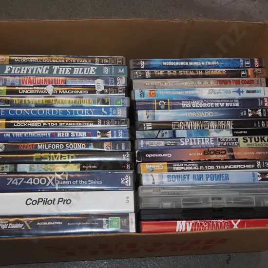 box of aviation DVDs and flight sim PC software