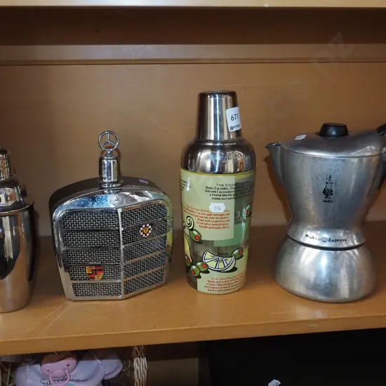 cocktail shakers, Merceds decanter, stove top espresso maker