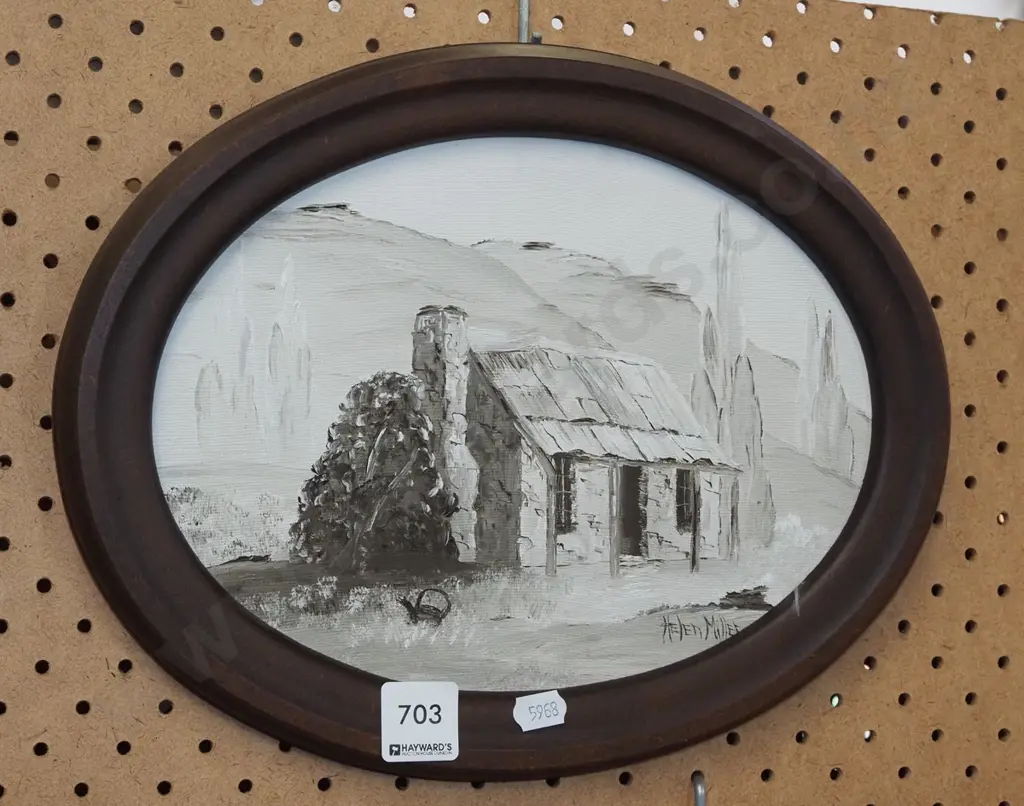 small oval oil on board - stone cottage Image 1++