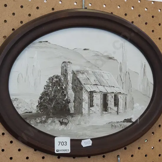 small oval oil on board - stone cottage