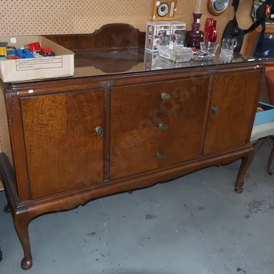 art deco sideboard with cab legs, 3 drawers, 2 doors, glass protective top - keys in office H1000 W1520 D560