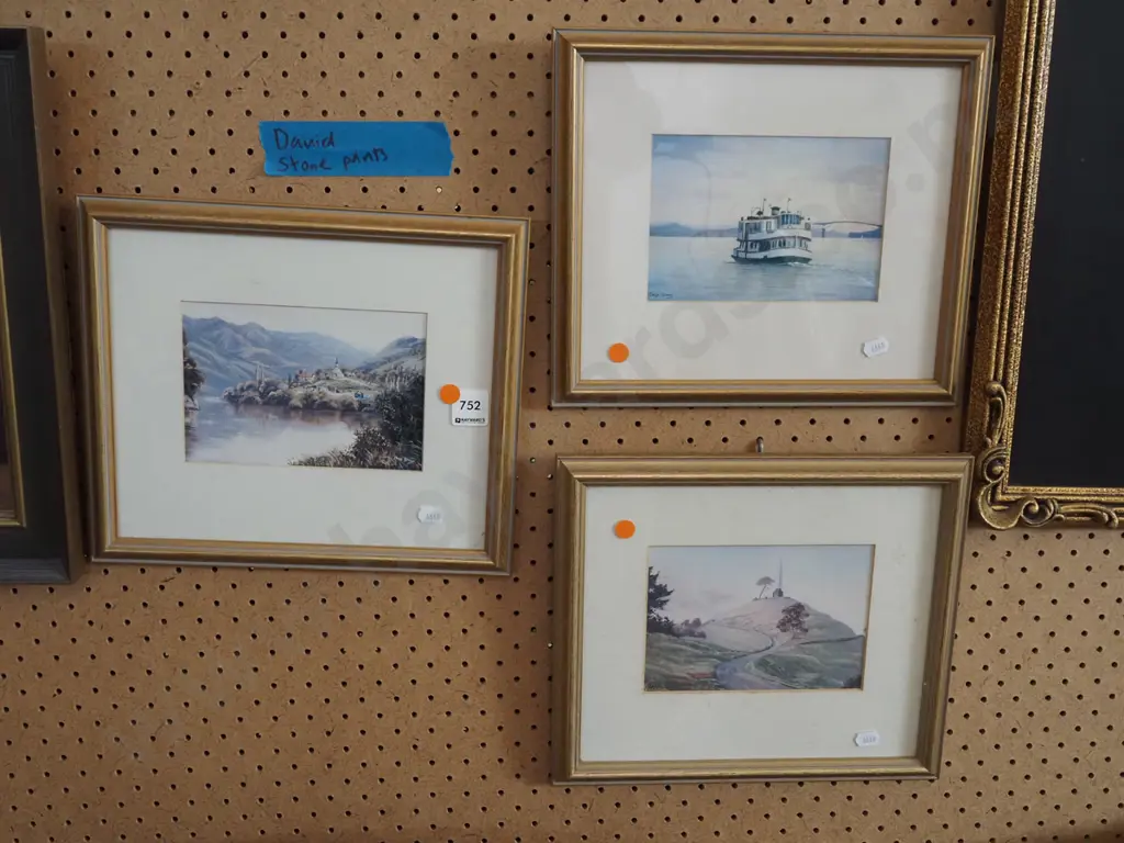 3x small David Stone prints - Jerusalem Wanganui River, Kestrel ferry Auckland, One Tree Hill Auckland - orange dots Image 1++