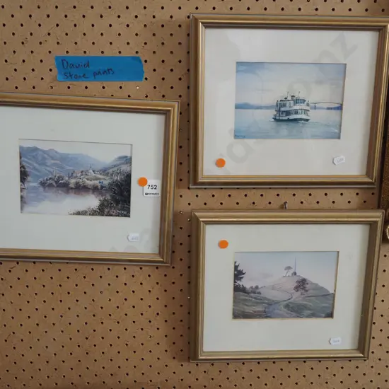 3x small David Stone prints - Jerusalem Wanganui River, Kestrel ferry Auckland, One Tree Hill Auckland - orange dots