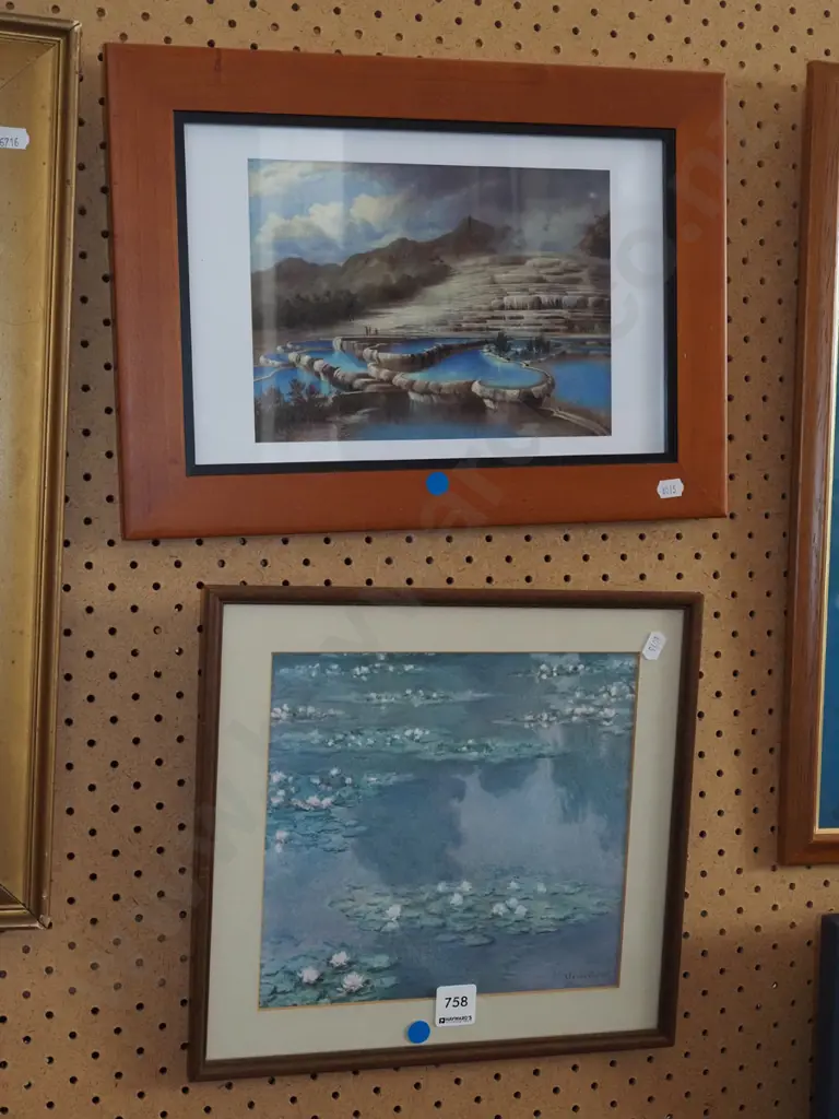 2x framed prints - Monet, pink and white terraces - blue dots Image 1++