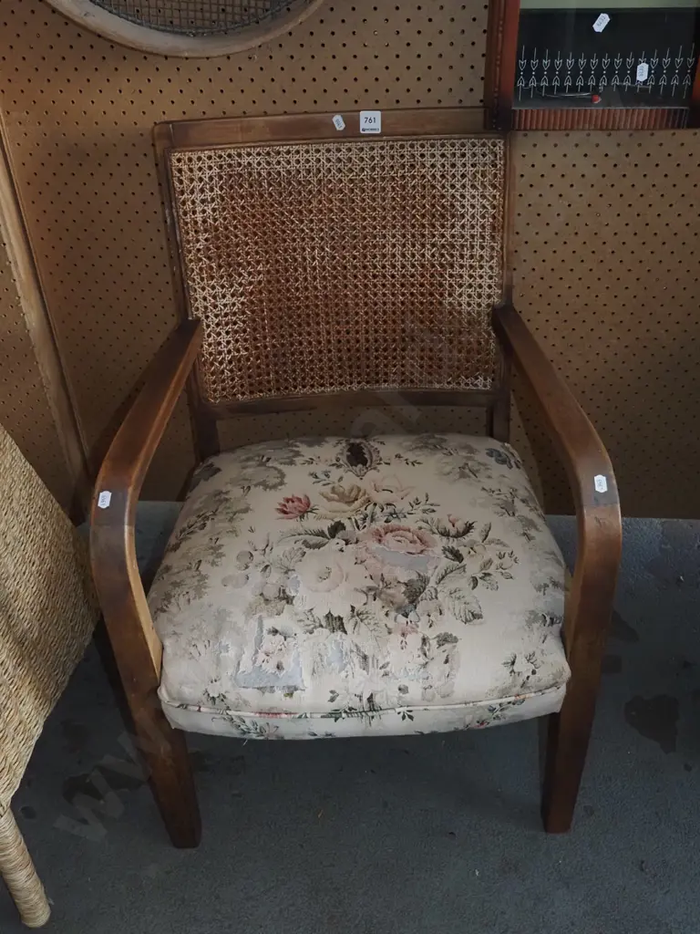 upholstered wood and bergere armchair - varnish needs attention Image 1++