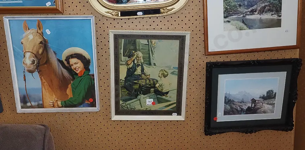 3x framed prints - woman and horse, boy and sailor, wood cabin - red dots Image 1++