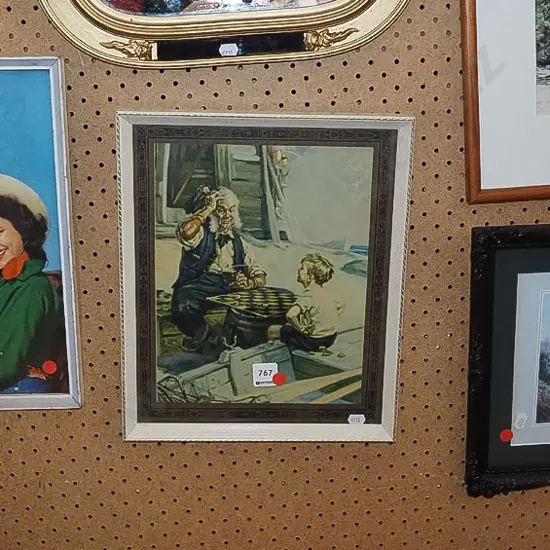 3x framed prints - woman and horse, boy and sailor, wood cabin - red dots