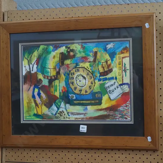 wood framed mixed media - dial telephone and city scape