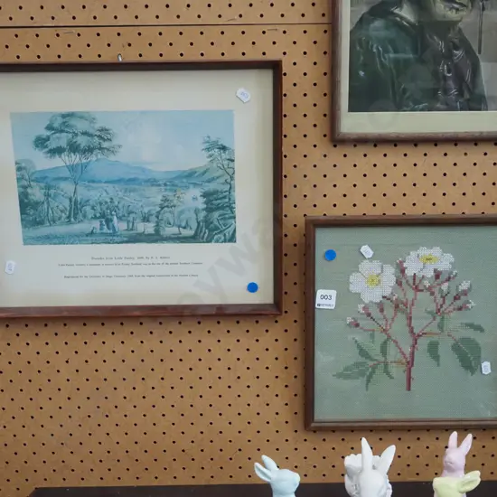 framed Dunedin historic print, framed needlework - blue dots