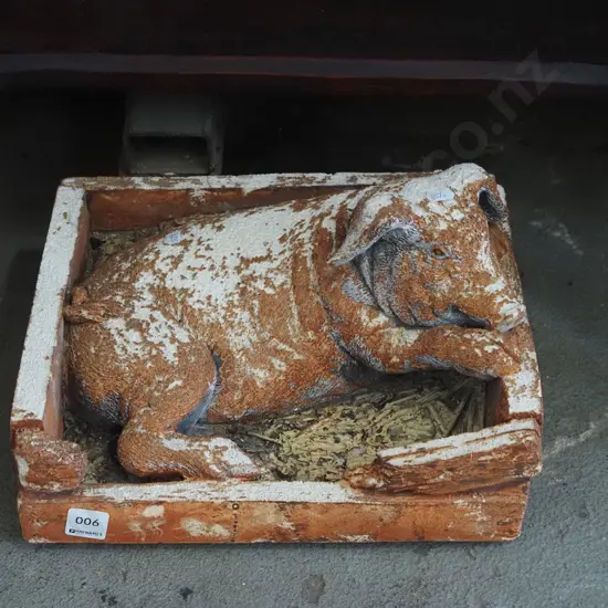 cast plaster garden ornament - pig in crate L315