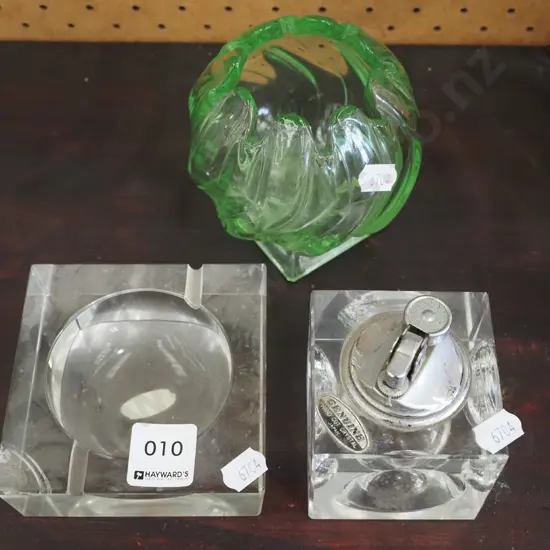 cut crystal ashtray, table lighter, green glass vase H100