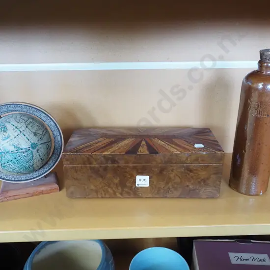 small world globe, wood inlay storage box, vintage gin bottle H280