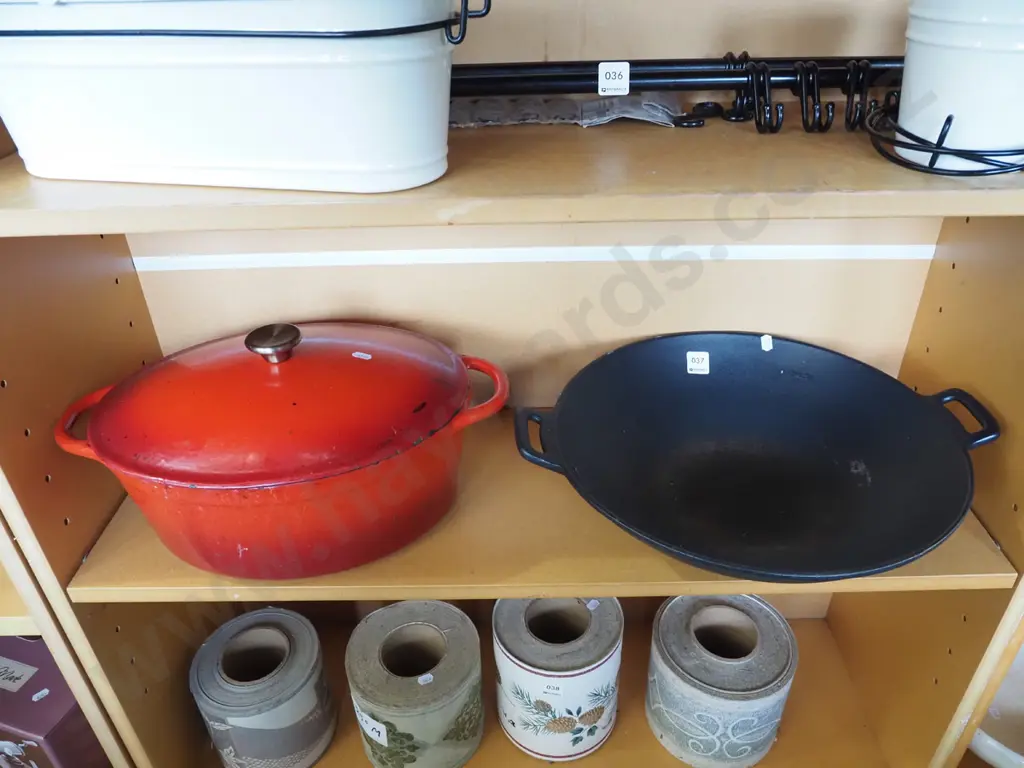 cast iron wok, cast iron and enamel lidded casserole - stains and markings Image 1++