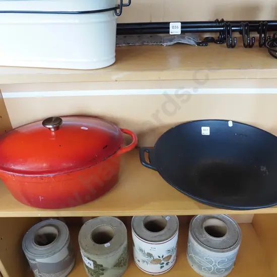 cast iron wok, cast iron and enamel lidded casserole - stains and markings