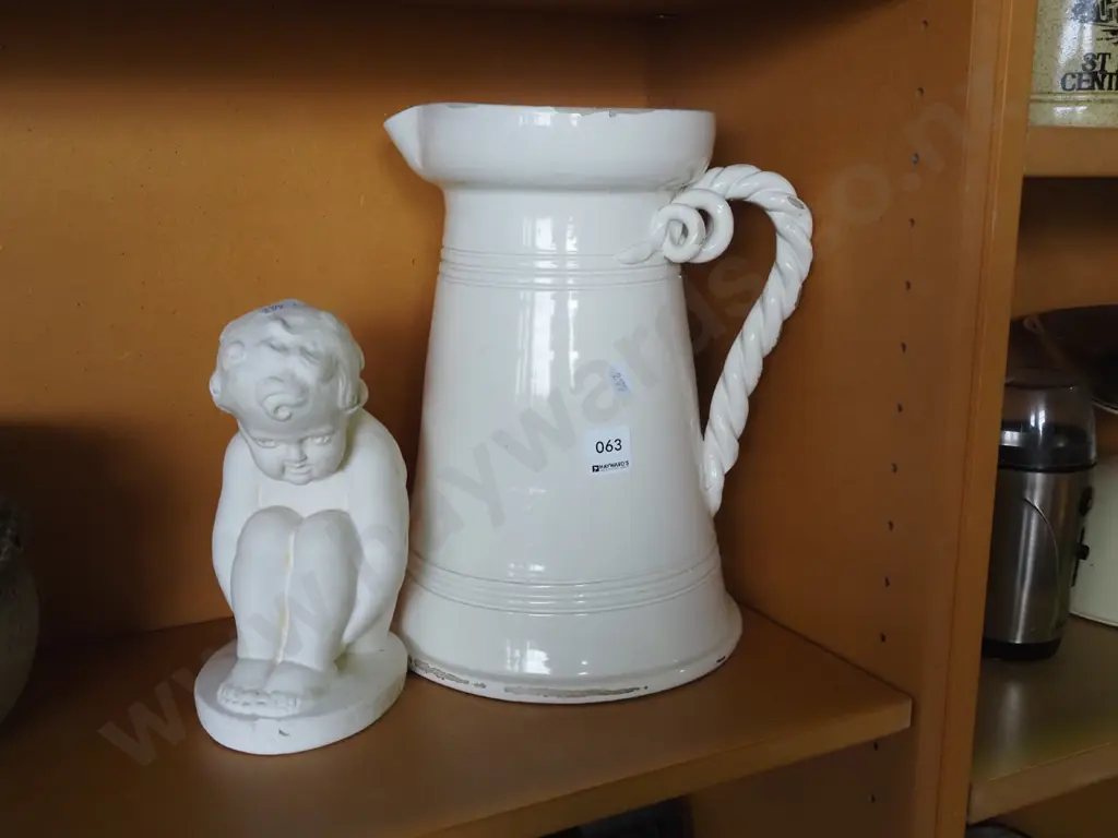 large white decorative water jug - some damage, plaster figurine - boy Jug H305 Image 1++
