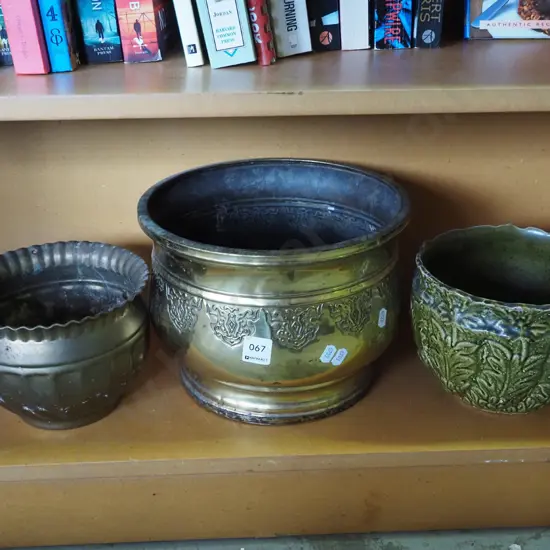 2x brass jardineres, cermaic jardinere Tallest H200