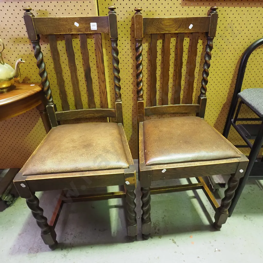 2x oak barley twist vinyl upholstered slat back chairs Image 1++