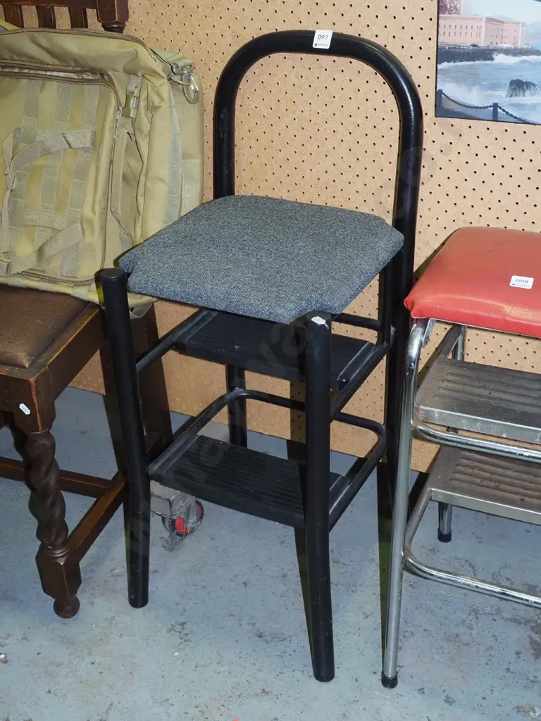 black metal and charcoal upholstered kitchen step stool Image 1++