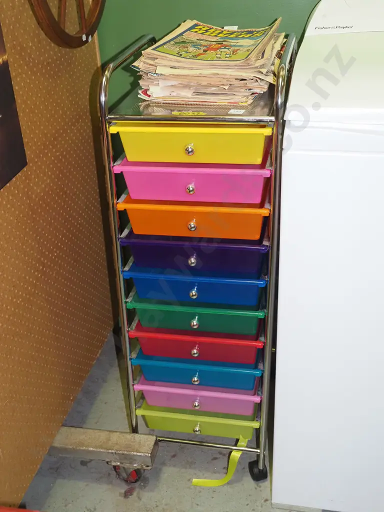 10x multi coloured plastic trays in chrome stand with casters Image 1++