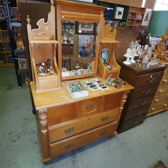 restorer's 7 drawer mirror back dresser - some drawers need handles, mirror not attached to top, varnish needs attention