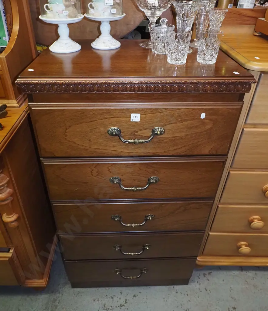 mahogany 5 drawer tall boy H1160 W625 D400 Image 1++