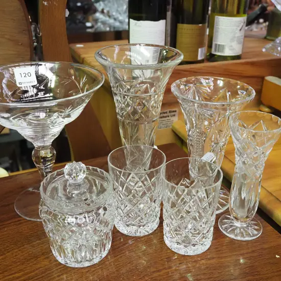cut crystal tumblers, vases, lidded honey pot