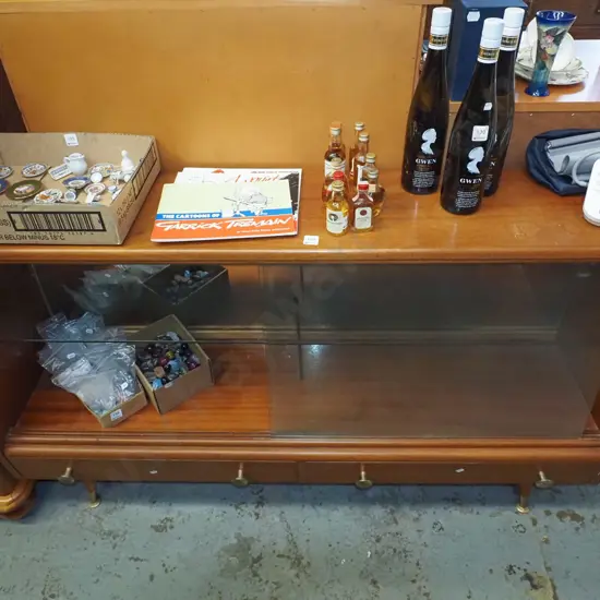 mid century display cabinet with 2 glass sliding doors above 3 drawers H820 W1370 D290