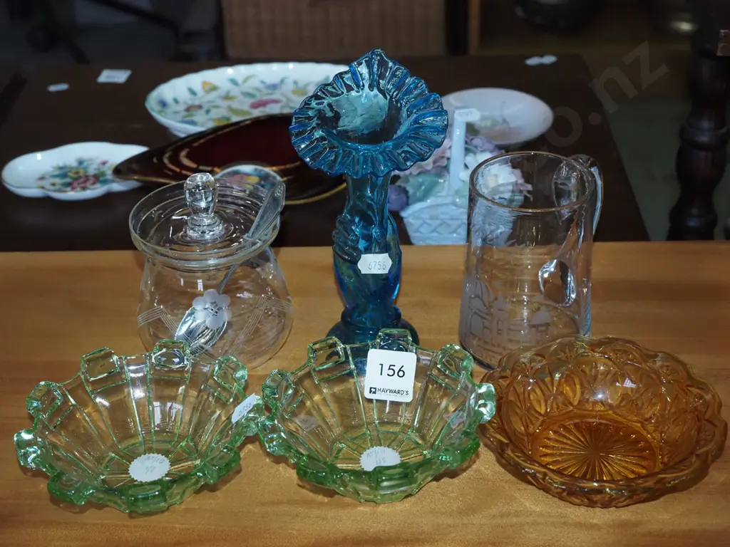 coloured glass bowls, honey pot, small etched Dunedin Exhibition handled glass etc Image 1++