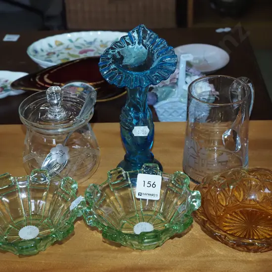 coloured glass bowls, honey pot, small etched Dunedin Exhibition handled glass etc