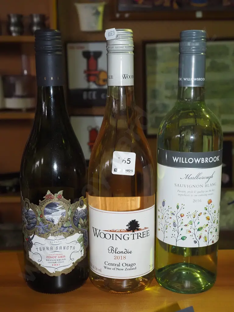 3x bottles of wine; Terra Sancta pinot gris 2017, Wooing Tree Blondie 2018, Willowbrook sauvignon blanc 2017 Image 1++