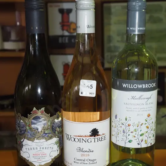 3x bottles of wine; Terra Sancta pinot gris 2017, Wooing Tree Blondie 2018, Willowbrook sauvignon blanc 2017