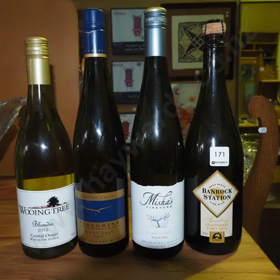 4x bottles of wine; Wooing Tree Blondie 2012, Perrigan pinot gris 2013, Misha's Vineyard riesling 2014