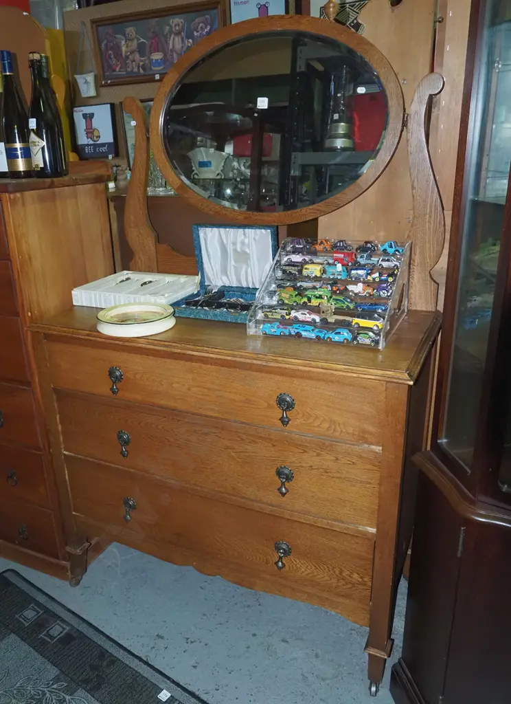 Edwardian oak 3 drawer mirror back dresser with oval bevelled edge mirror H1550 W990 D460 Image 1++