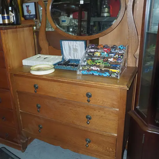 Edwardian oak 3 drawer mirror back dresser with oval bevelled edge mirror H1550 W990 D460