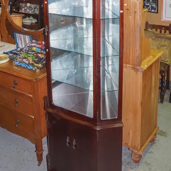 mahogany corner display cabinet with 2 solid doors under 1 glazed door with mirror back H1765 D500