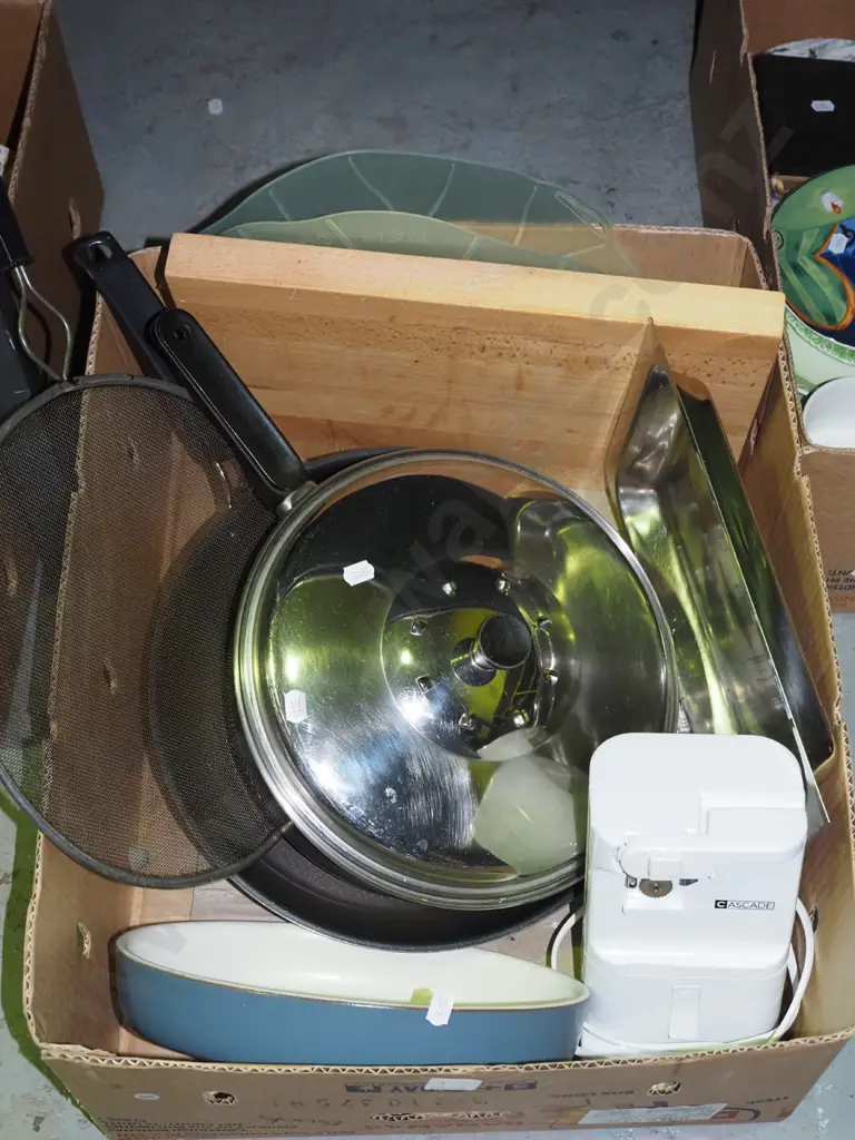 box; frying pans, wooden chopping block, denby baking dish etc Image 1++