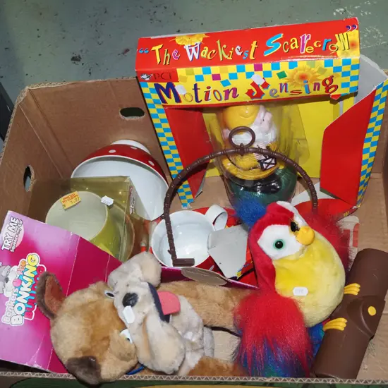 box; childrens toys, polka dot breakfast set, cup and bowl