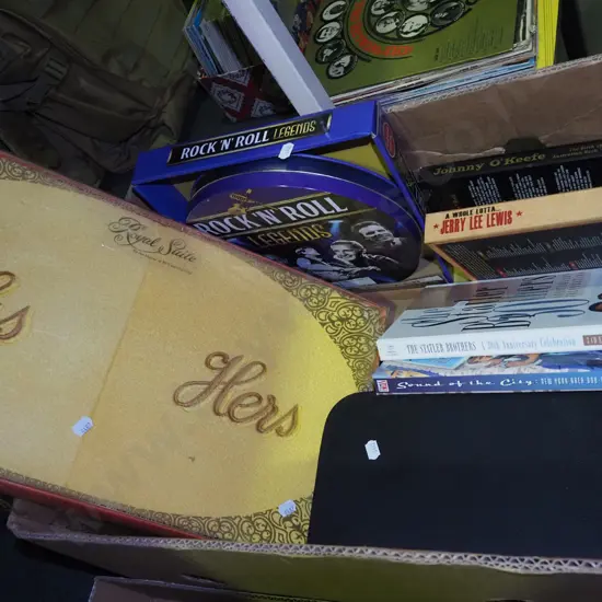 box; CDs, retro his and her owel set etc