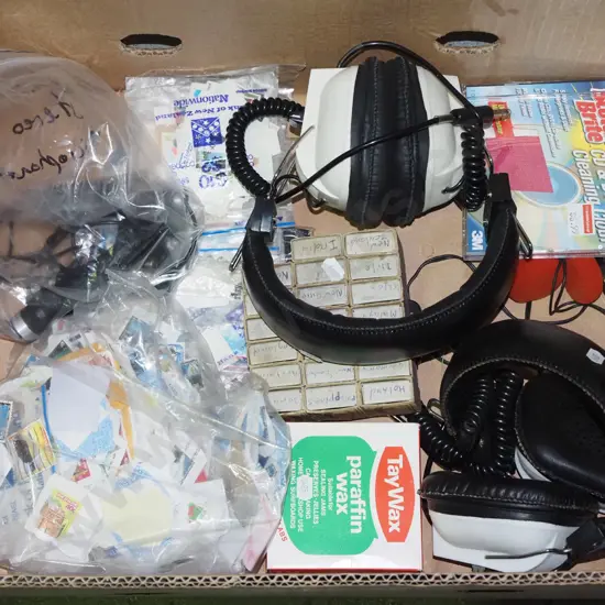 box; head phones, stamps, microphone etc