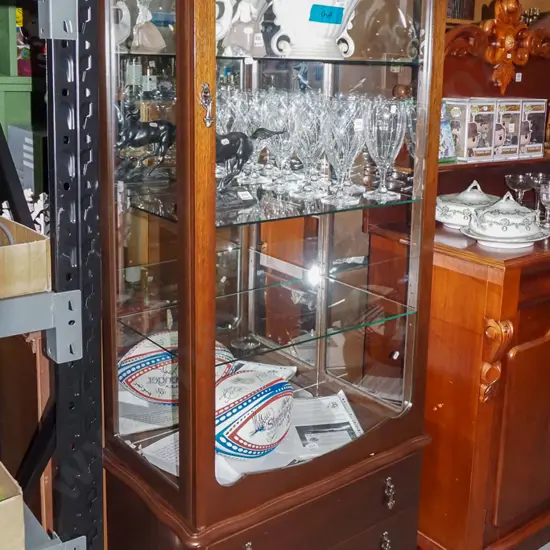 display cabinet with glazed sides, glazed door, mirror back, 2 drawers