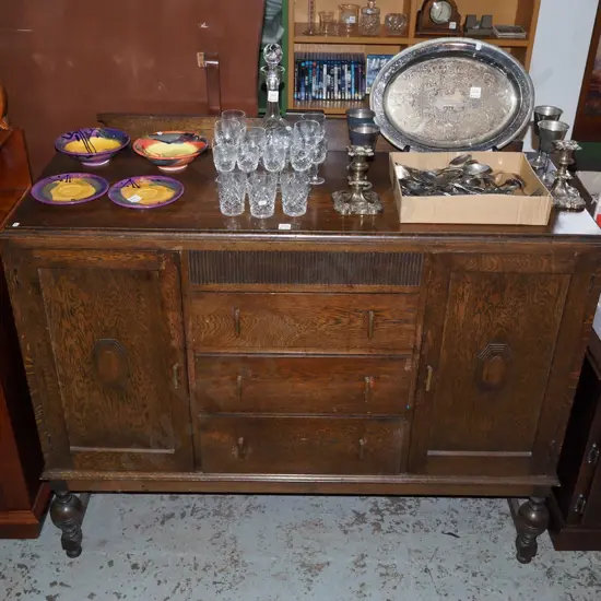 deco oak 2 door 3 drawer sideboard on turned legs with stretcher base H1100 W1300 D500