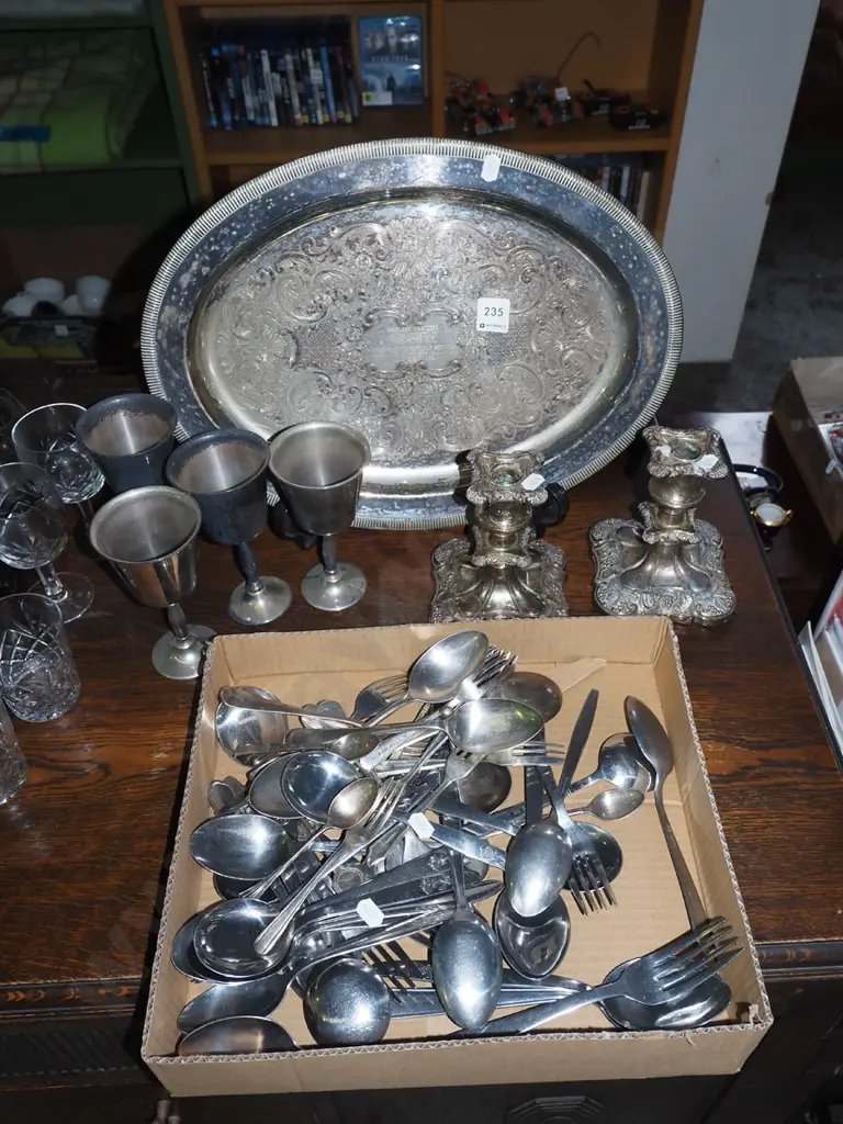 plated candlesticks, cutlery, tray etc Image 1++