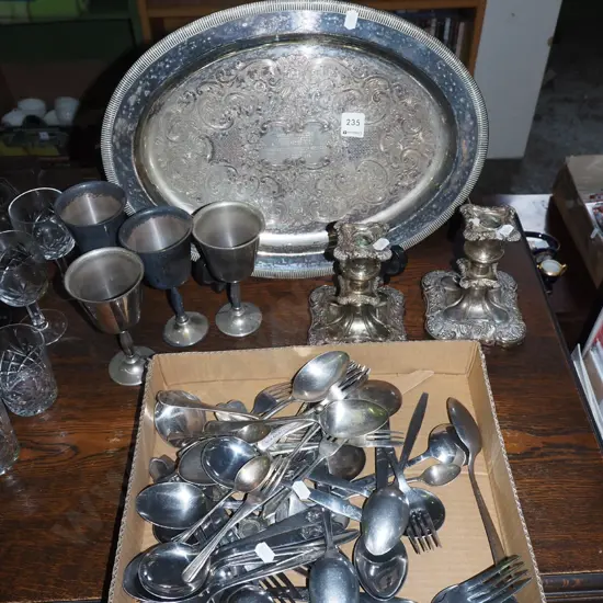 plated candlesticks, cutlery, tray etc