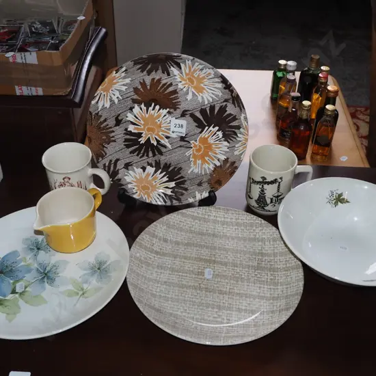 Crown Lynn cups, jug, plates, bowl