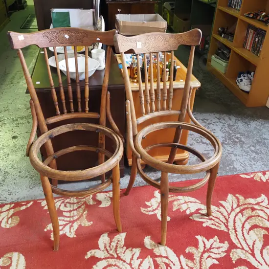 pair of restorer's pressed wood spindle back dining chairs - no seats