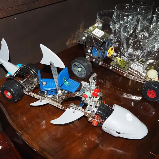 2x Meccano models - car shark, hot rod