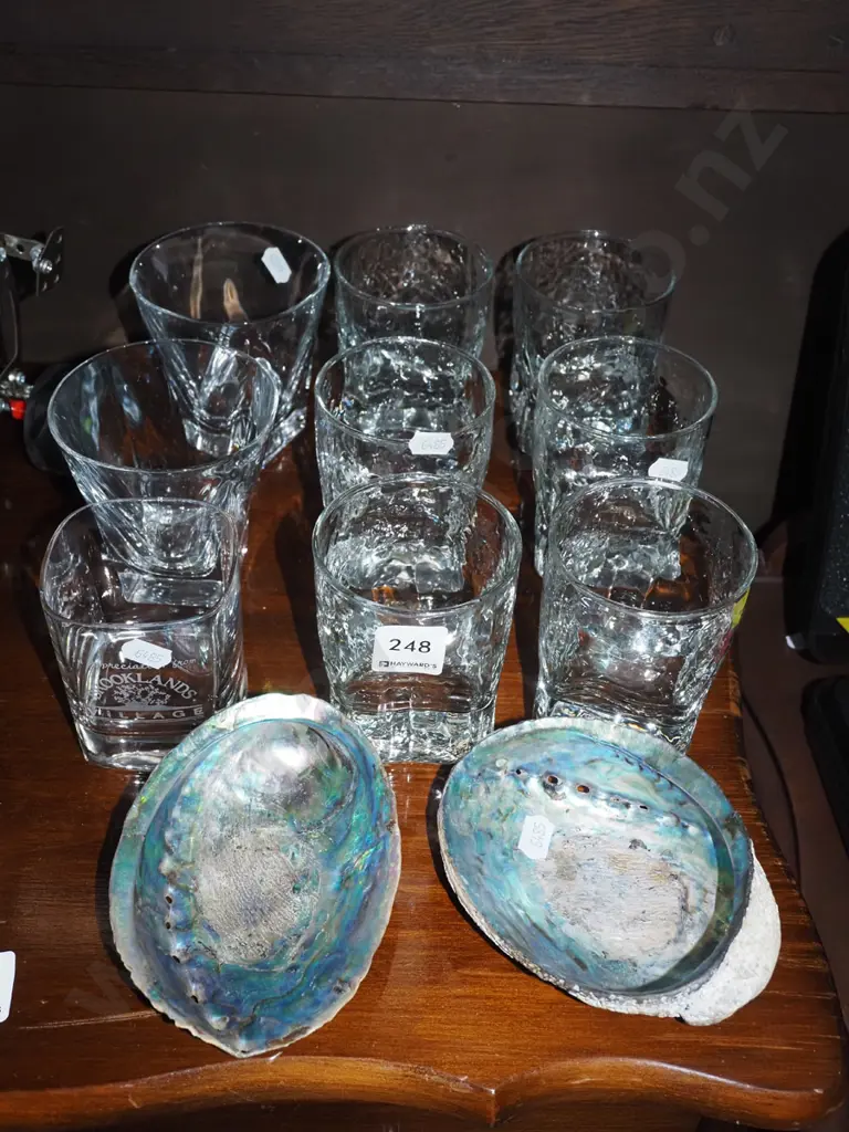 2x paua shells, 9x crystal whisky tumblers Image 1++